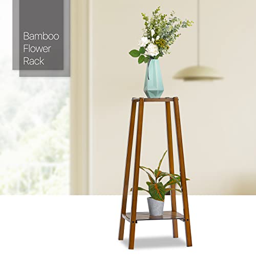 MoNiBloom Bamboo 2-Tier Tall Plant Stand Pot Vase Holder Flower Seasoning Display Shelf Rack Small Space for Patio Garden Balcony Yard Living Room, Brown