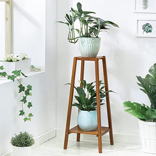 MoNiBloom Bamboo 2-Tier Tall Plant Stand Pot Vase Holder Flower Seasoning Display Shelf Rack Small Space for Patio Garden Balcony Yard Living Room, Brown