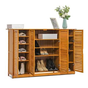 monibloom shoe storage cabinet with 2 double shutter doors, bamboo floor organizer shelf stand for 31-35 pairs entryway hallway bedroom, brown