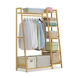 monibloom bamboo garment rack with 5-tier storage shelves trapezoid multi-functional garment rack, clothes hanging rack stand for bedroom living room, natural