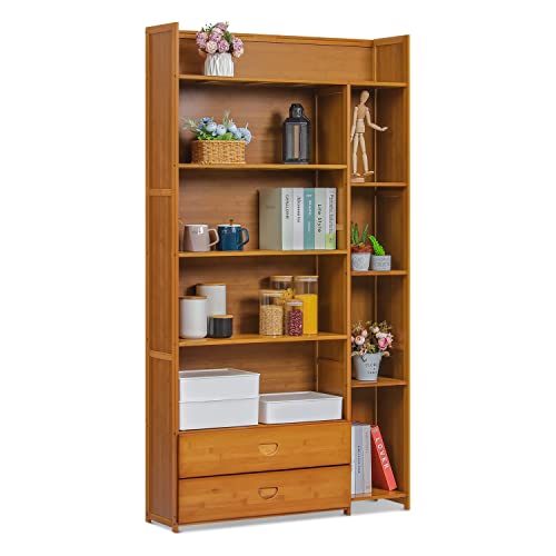 MoNiBloom 5 Tier Bookcase with 2 Drawers, Bamboo Large Multifunctional Shelf Storage Organizer Book Display Shelves for Home Living Room Office, Brown