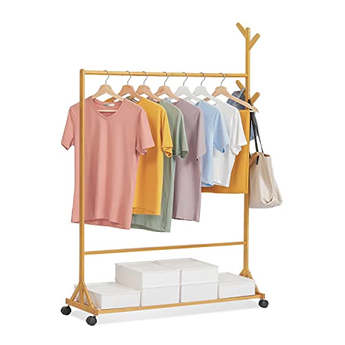 MoNiBloom Bamboo Clothing Garment Rack with Wheels and Bottom Shelf 2-in-1 Freestanding Clothes Organizer with 6 Side Hooks for Hanging Clothes Hats, Natural