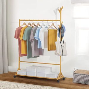 MoNiBloom Bamboo Clothing Garment Rack with Wheels and Bottom Shelf 2-in-1 Freestanding Clothes Organizer with 6 Side Hooks for Hanging Clothes Hats, Natural