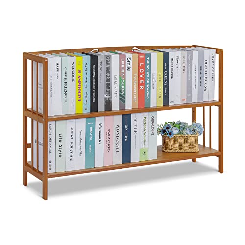 MoNiBloom Bamboo 2-Tier Bookshelf Bookcase Storage Organizer Plant Flower Stand for Table Living Room Bathroom Bedroom Balcony Garden, Natural