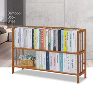 MoNiBloom Bamboo 2-Tier Bookshelf Bookcase Storage Organizer Plant Flower Stand for Table Living Room Bathroom Bedroom Balcony Garden, Natural