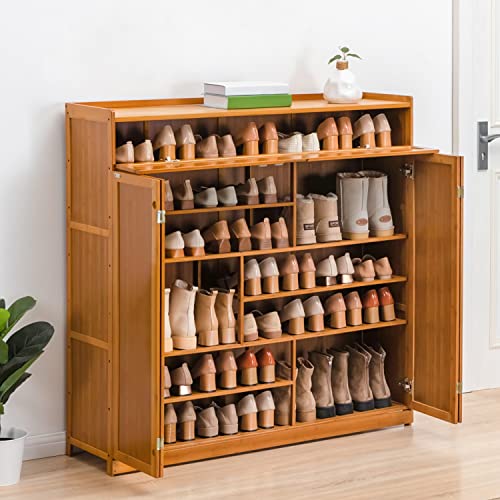 MoNiBloom Large 7 Tier Shoe Storage Cabinet with Doors, Bamboo Multifunctional Organizer Rack Unit Up to 40 Pairs for Bedroom Closet Entryway Living Room, Brown