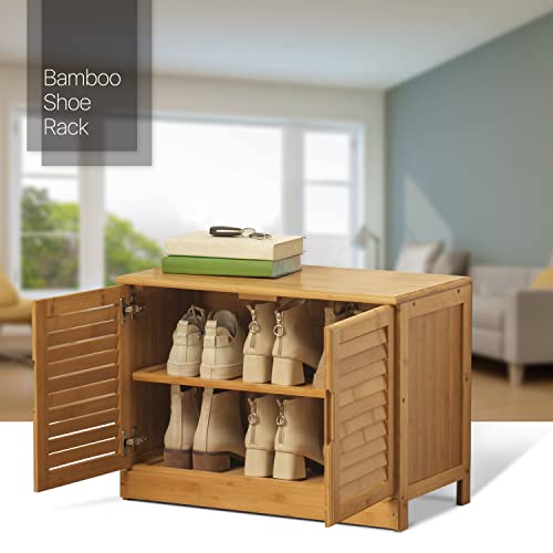 MoNiBloom 2 Tier Bamboo Shoe Rack, Free Standing Shoe Shelf Oragnizer Storage Cabinet with Shutter Door for 6-10 Pairs Entryway Hallway Office Bedroom, Natural