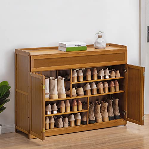 MoNiBloom Bamboo 5 Tier Freestanding Shoe Storage Cabinet Organizer Shelf Stand Unit Up to 25 Pairs for Boots Heels Sneakers Sandals, w/ Doors, Brown