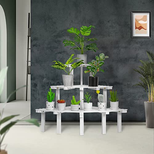MoNiBloom 3 Tier Corner Stair Plant Stand, Bamboo Quarter Round Plant Display Holder Stair-Step Shelf Multifunctional Plant Support for Indoor Outdoor, White