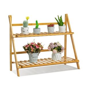 MoNiBloom Folding Bamboo Ladder Shelf 2 Tier Flower Pot Plant Display Rack Stand Organizer Holder for Home Garden Patio Balcony Indoor Outdoor Use, Natural