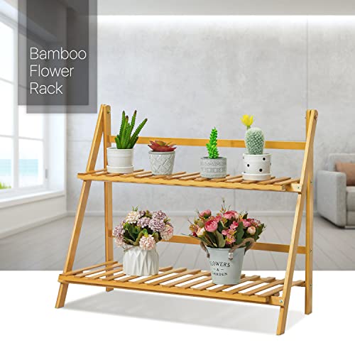 MoNiBloom Folding Bamboo Ladder Shelf 2 Tier Flower Pot Plant Display Rack Stand Organizer Holder for Home Garden Patio Balcony Indoor Outdoor Use, Natural