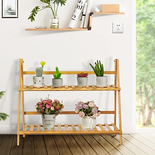 MoNiBloom Folding Bamboo Ladder Shelf 2 Tier Flower Pot Plant Display Rack Stand Organizer Holder for Home Garden Patio Balcony Indoor Outdoor Use, Natural