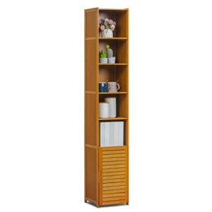 monibloom tall 7 tier bookcase with door, bamboo freestanding display storage cabinet shelves collection decor furniture for home living room bedroom, brown
