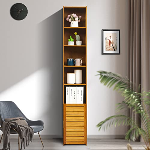 MoNiBloom Tall 7 Tier Bookcase with Door, Bamboo Freestanding Display Storage Cabinet Shelves Collection Decor Furniture for Home Living Room Bedroom, Brown