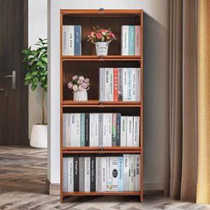 MoNiBloom Tall Book Storage Cabinet with Doors, 4 Tier Bamboo Free Standing Book Shelf Organizer Stand for Children's Student, Hallway, Home Office, Brown