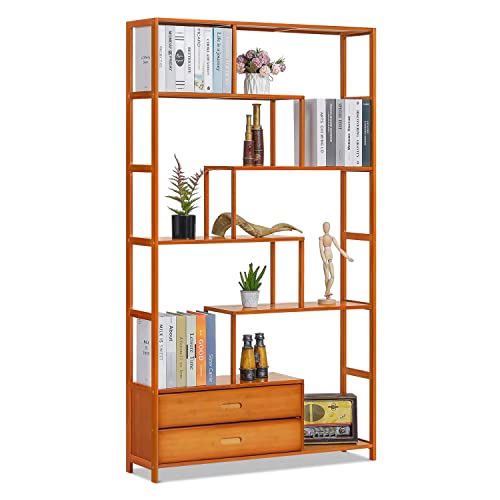 MoNiBloom 6 Tier Bookcase with 2 Drawers, Vintage Bamboo Freestanding Display Staggered Shelf Storage Organizer for Bedroom Living Room Office Décor, Brown