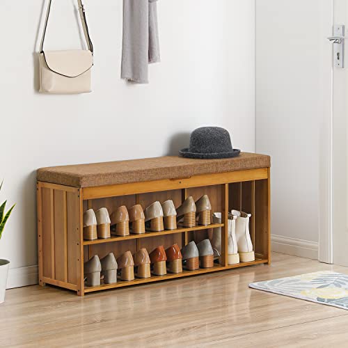 MoNiBloom Shoe Bench Entryway, Bamboo Upholstered Shoe Rack Entryway Storage for High Heels Sneakers Sandals Slippers - Brown (2 Shelves, Brown)