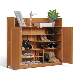 monibloom 5 tier bamboo shoe cabinet with doors, bamboo free standing shoe shelf organizer storage w/high baffle for 21-25 pairs entryway hallway office home, brown