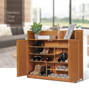 MoNiBloom 5 Tier Bamboo Shoe Cabinet with Doors, Bamboo Free Standing Shoe Shelf Organizer Storage w/High Baffle for 21-25 Pairs Entryway Hallway Office Home, Brown