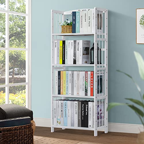 MoNiBloom Multi-Layer Bookshelf, Bamboo 4 Tier Adjustable Bookcase Shelf Organizer Rack Plant Stand for Living Room Garden Office Home Office, White