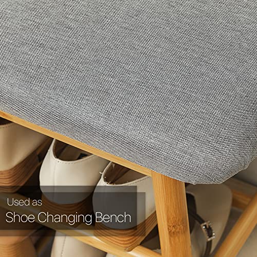 MoNiBloom 2 Tier Shoes Bench, Bamboo Upholstered Shoe Rack Entryway Storage for High Heels Sneakers Sandals Slippers - Natural (6-10 Pairs)