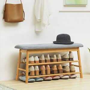 MoNiBloom 2 Tier Shoes Bench, Bamboo Upholstered Shoe Rack Entryway Storage for High Heels Sneakers Sandals Slippers - Natural (6-10 Pairs)