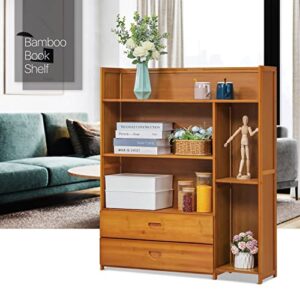 MoNiBloom 3 Tier Bookcase with 2 Drawers, Bamboo Multifunctional Shelf Storage Organizer Book Display Shelves for Bedroom Living Room Office, Brown