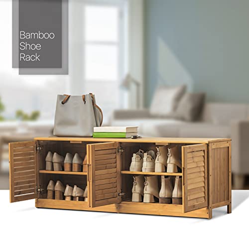 MoNiBloom Bamboo Shoe Cabinet, Bamboo 2 Tier Shoe Shelf Organizer Storage with Shutter Doors for 11-15 Pairs Entryway Hallway Bedroom, Natural