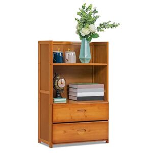 monibloom 2 tier bookcase with 2 drawers, bamboo freestanding shelf storage organizer, utility shelf rack for living room bathroom kitchen office, brown