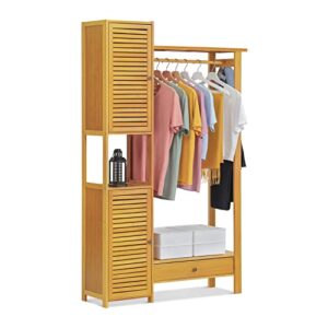 monibloom closet organizer with two shutter doors and 1 drawer, bamboo freestanding clothes garment rack with a hanging rob, 3 storage shelves, 2 hooks and plats rack, natural