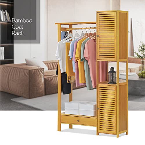 MoNiBloom Closet Organizer with Two Shutter Doors and 1 Drawer, Bamboo Freestanding Clothes Garment Rack with a Hanging Rob, 3 Storage Shelves, 2 Hooks and Plats Rack, Natural