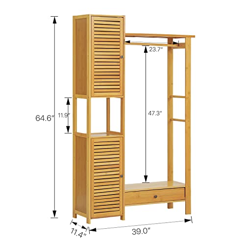 MoNiBloom Closet Organizer with Two Shutter Doors and 1 Drawer, Bamboo Freestanding Clothes Garment Rack with a Hanging Rob, 3 Storage Shelves, 2 Hooks and Plats Rack, Natural