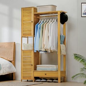 MoNiBloom Closet Organizer with Two Shutter Doors and 1 Drawer, Bamboo Freestanding Clothes Garment Rack with a Hanging Rob, 3 Storage Shelves, 2 Hooks and Plats Rack, Natural