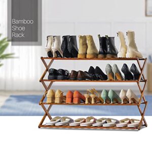 MoNiBloom Folding Shoe Stand, Bamboo Stackable Shoes Shelf Storage Organize for 21-25 Pairs Installation-Free for Entryway, Hallway Bedroom, Brown