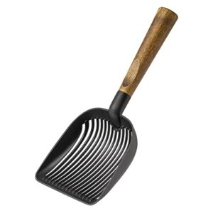 yangbaga newest cat litter scoop with deep shovel, non-stick coated metal litter scoop with ash wood handle&hanging design, more efficient litter sifter with better litter filtration (dark brown)