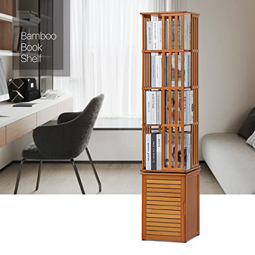 MoNiBloom 360 Degree Rotating Bookcase Storage Cabinet with Door, Bamboo 6 Tier Bookshelf Free Standing Display Organize for Living Room Bedroom Office, Brown