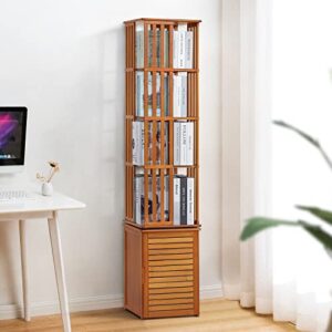 MoNiBloom 360 Degree Rotating Bookcase Storage Cabinet with Door, Bamboo 6 Tier Bookshelf Free Standing Display Organize for Living Room Bedroom Office, Brown