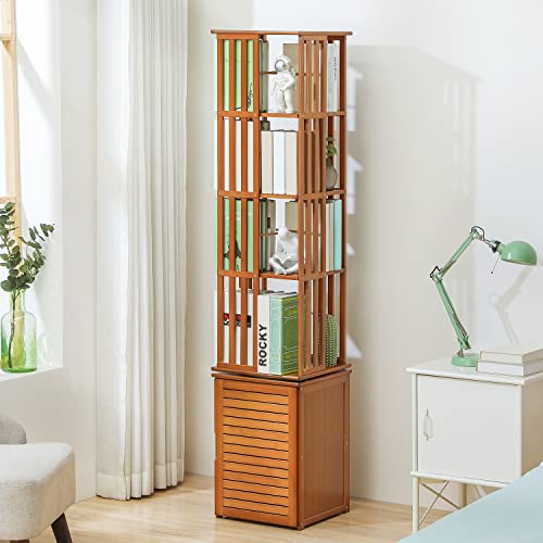 MoNiBloom 360 Degree Rotating Bookcase Storage Cabinet with Door, Bamboo 6 Tier Bookshelf Free Standing Display Organize for Living Room Bedroom Office, Brown