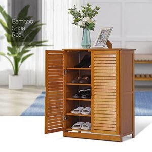 MoNiBloom 5 Tier Shoe Storage Cabinet with Shutter Doors, Bamboo Shoe Floor Storage Organizer Rack for 11-15 Pairs Entryway Hallway Mudroom, Brown