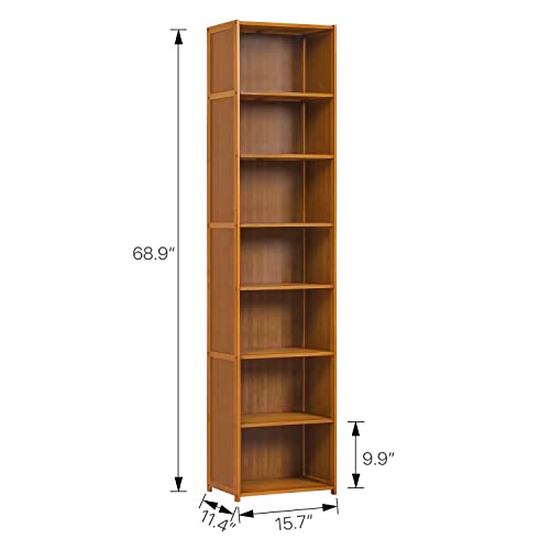 MoNiBloom Bamboo 7 Tier Free Standing Tall Bookcase Narrow Display Storage Shelves Collection Décor Furniture for Home Living Room Study Room, Brown