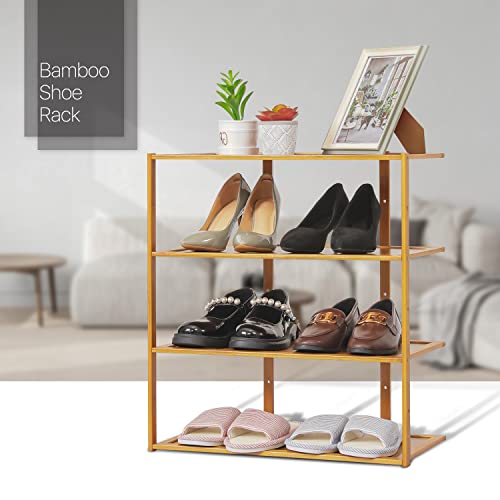 MoNiBloom Bamboo 4 Tier Shoe Rack Vertical Shoe Storage Sheld Stand Space Saving Shoe Organizer for 11-15 Pairs Small Spaces Corner Bedroom Living Room, Brown
