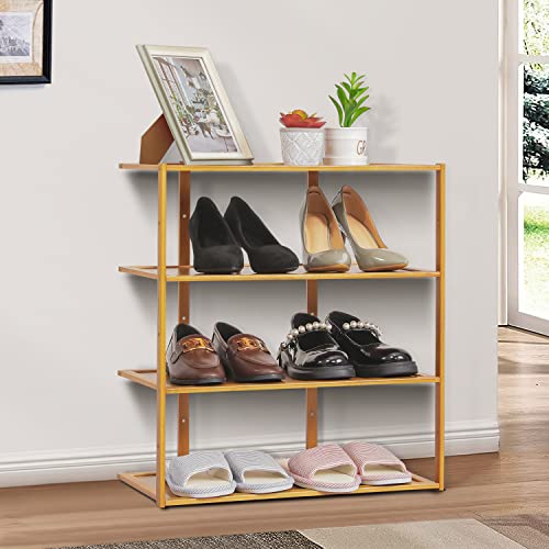 MoNiBloom Bamboo 4 Tier Shoe Rack Vertical Shoe Storage Sheld Stand Space Saving Shoe Organizer for 11-15 Pairs Small Spaces Corner Bedroom Living Room, Brown