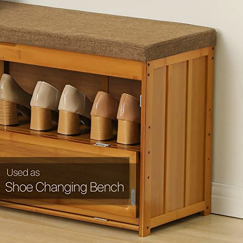 MoNiBloom Shoe Bench Entryway with Storage, Bamboo Multifunctional Organization Shoe Rack with Doors Tall Compartment for Hallway Bedroom, Brown