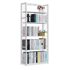 monibloom tall 5 tier bookshelf, bamboo multifunction free-standing storage bookcase display shelf organizers for living romm home office study room, white