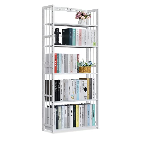 MoNiBloom Tall 5 Tier Bookshelf, Bamboo Multifunction Free-Standing Storage Bookcase Display Shelf Organizers for Living Romm Home Office Study Room, White