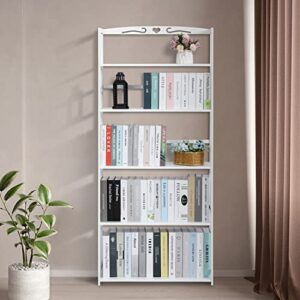 MoNiBloom Tall 5 Tier Bookshelf, Bamboo Multifunction Free-Standing Storage Bookcase Display Shelf Organizers for Living Romm Home Office Study Room, White