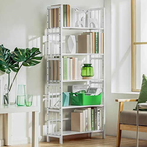 MoNiBloom Tall 5 Tier Bookshelf, Bamboo Multifunction Free-Standing Storage Bookcase Display Shelf Organizers for Living Romm Home Office Study Room, White