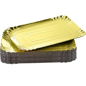 zeayea 30 pack gold serving trays, disposable cookie trays platter for parties, rectangle sturdy paper cardboard serving platters for dessert table, cupcake display, birthday party, wedding, 14" x 10"