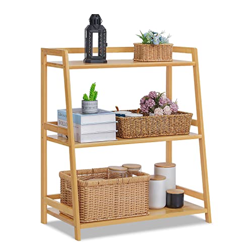 MoNiBloom 3 Tier Ladder Bookshelf, Bamboo Multifunctional Display Flower Plant Stand Rack Bookcase Shelf Storage Organizer for Living Room Office Garden Kitchen, Natural