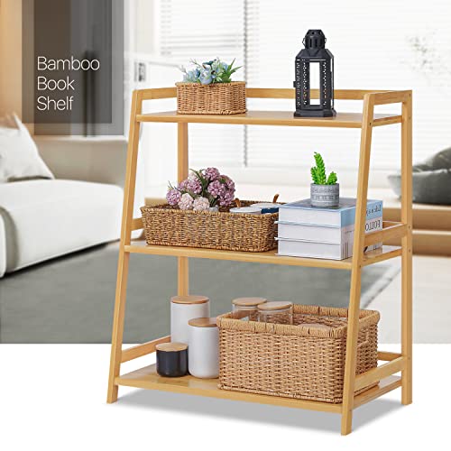 MoNiBloom 3 Tier Ladder Bookshelf, Bamboo Multifunctional Display Flower Plant Stand Rack Bookcase Shelf Storage Organizer for Living Room Office Garden Kitchen, Natural